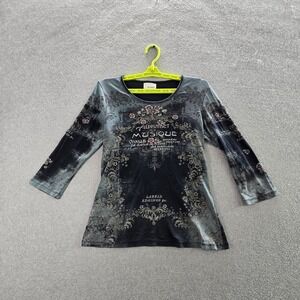 Skinny Minnie Women Shirt LARGE Blue Floral Graphic Tee Print Y2K Grunge